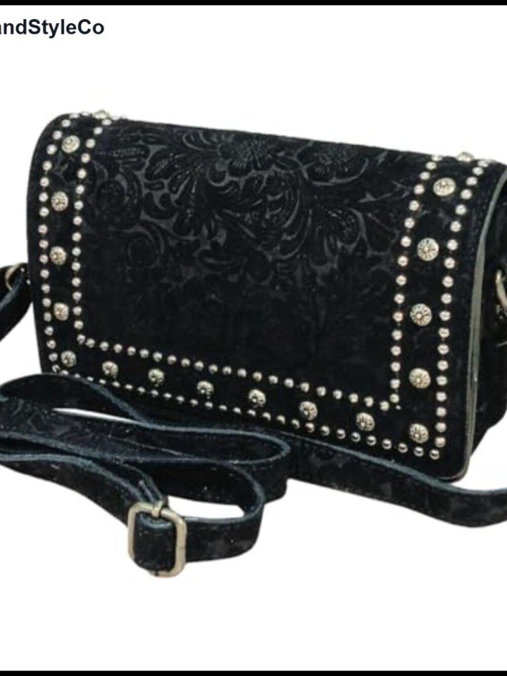 Embossed Leather Studded Crossbody Bag Floral Tooled Purse Adjustable Strap
